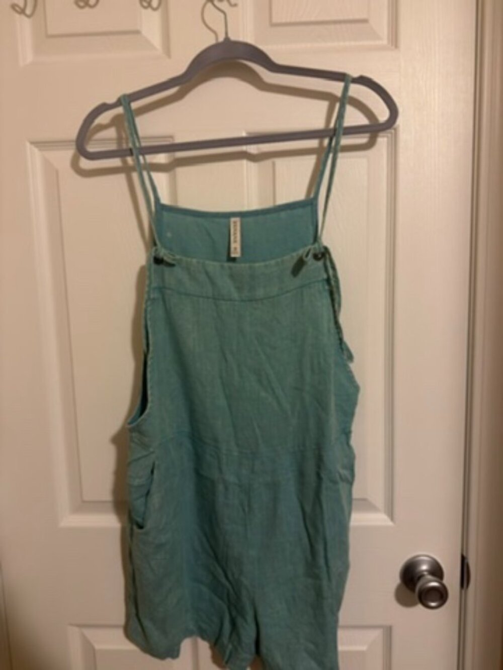 Zenana Teal Overall Romper Linen Look Pockets Medium NWOT